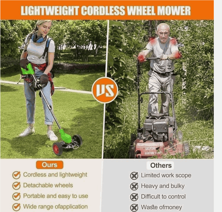 Cordless Grass Trimmer | Cordless Lawn Mover shown in a comparison graphic, with a green wheeled trimmer and detachable wheels