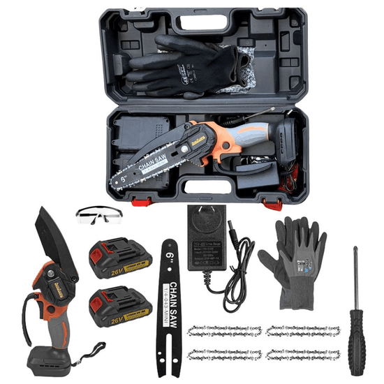 6 Inch Orange Cordless Chainsaw Australia kit with orange and black mini saw, carry case, batteries, gloves and accessories