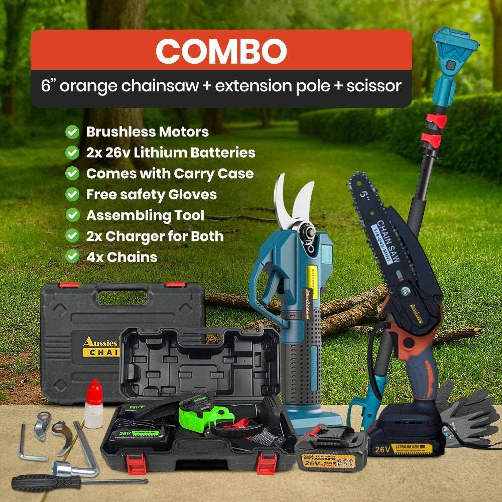 Cordless Chainsaw  | Pruning Shears combo featuring blue and orange chainsaw, pruning shears, extension pole, batteries and cases