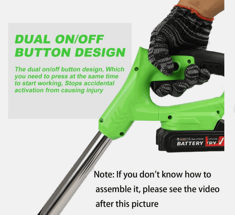 Cordless Grass Trimmer | Cordless Lawn Mover with a bright green handle, dual on/off buttons and silver shaft