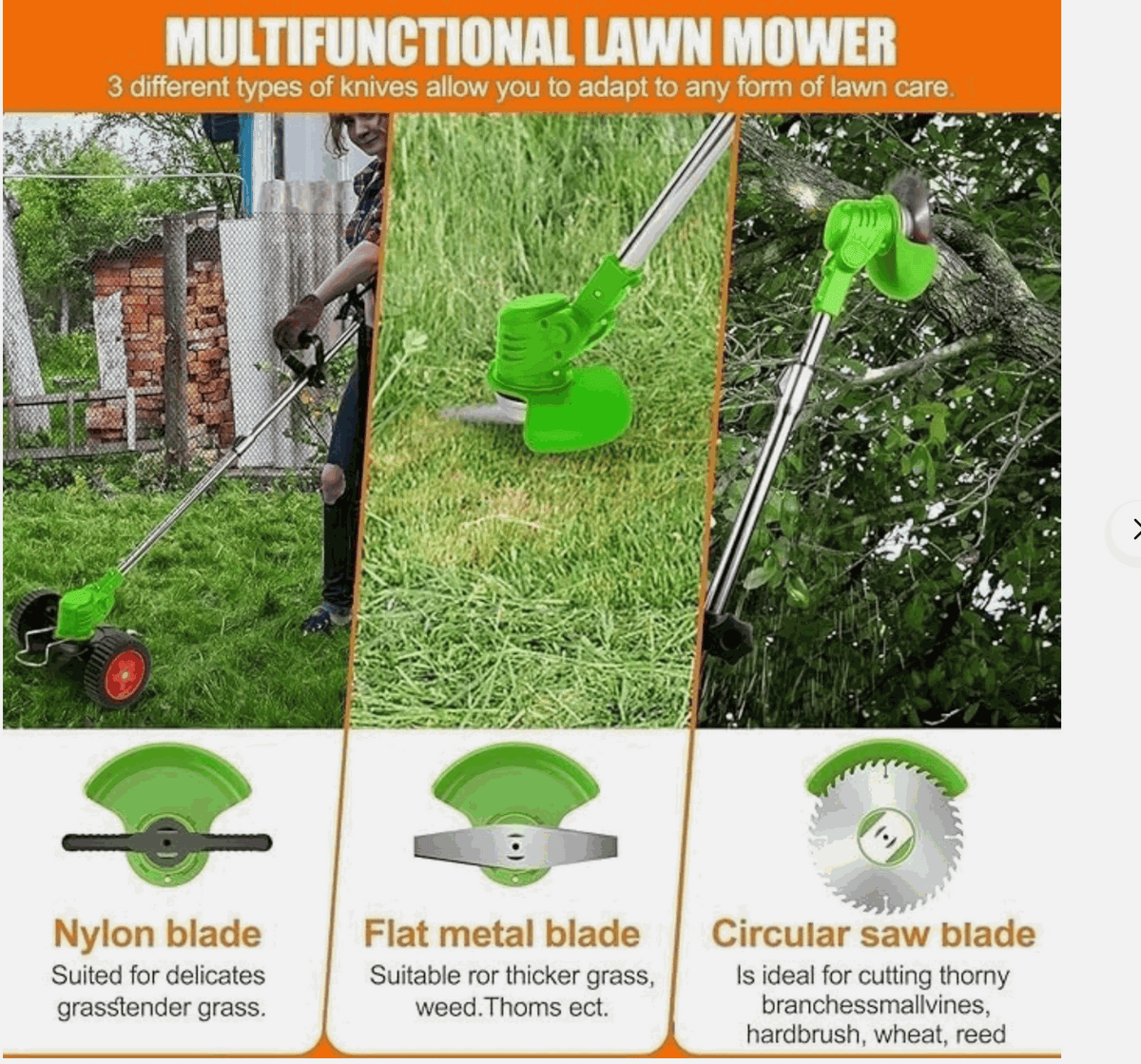 Cordless Grass Trimmer | Cordless Lawn Mover with a green cutting head, metal shaft, wheels, and three blade options