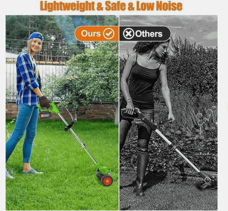 Cordless Grass Trimmer | Cordless Lawn Mover shown with a green cutting head and long silver shaft, compared with another trimmer
