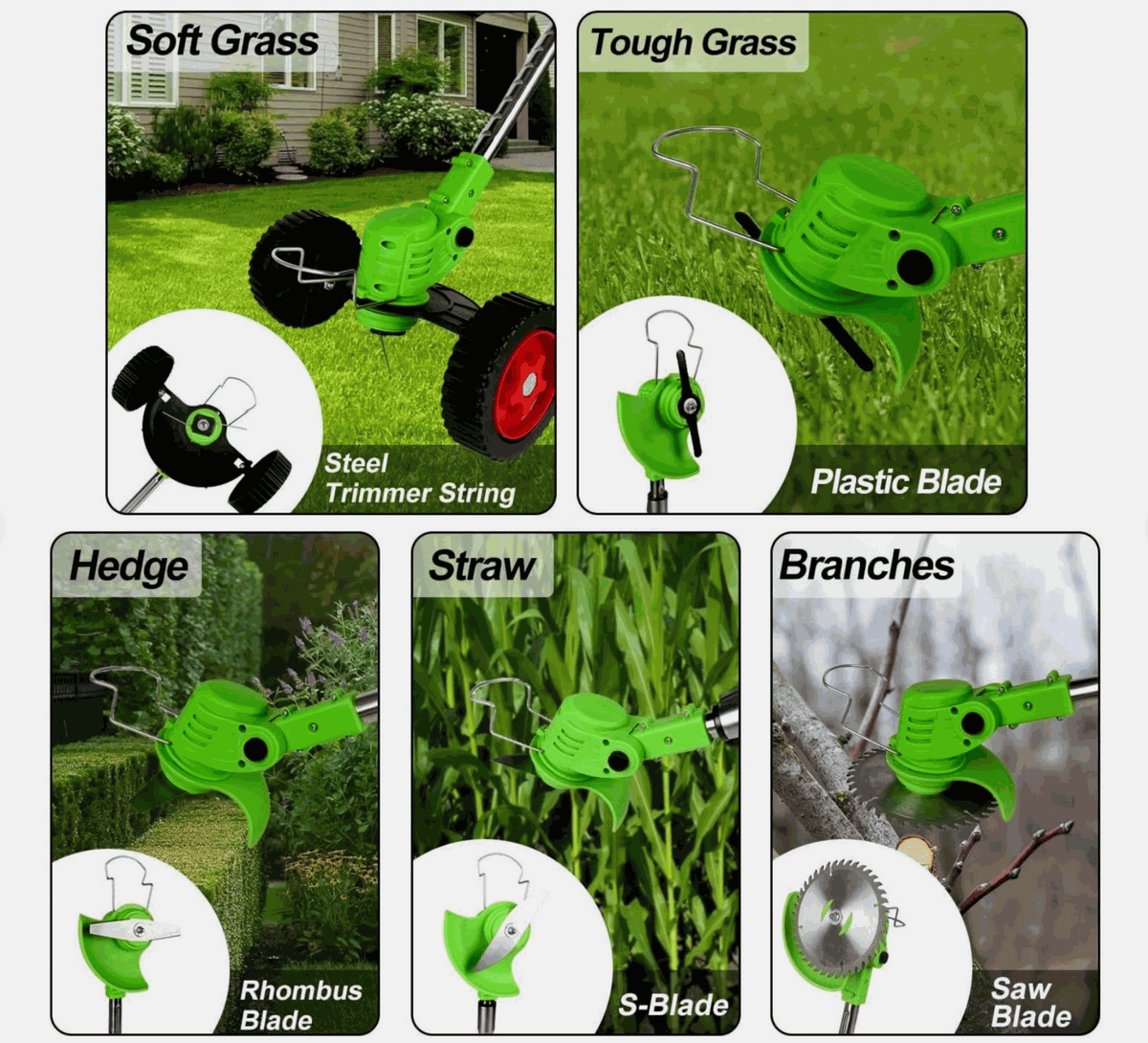 Cordless Grass Trimmer | Cordless Lawn Mover with bright green cutting head and interchangeable steel, plastic, rhombus, S-shaped, and saw blades