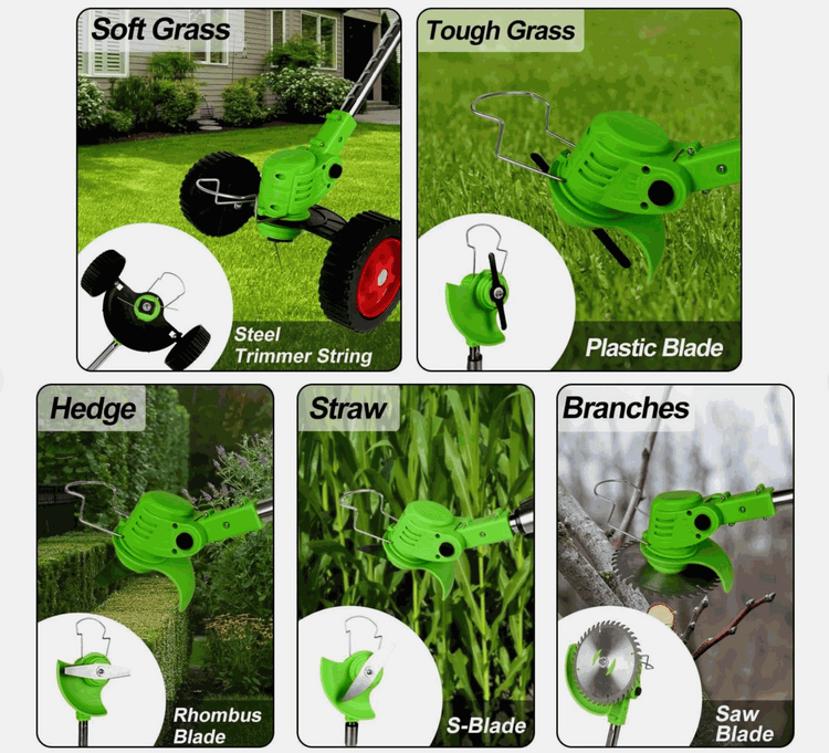Cordless Grass Trimmer | Cordless Lawn Mover with bright green cutting head and interchangeable steel, plastic, rhombus, S-shaped, and saw blades