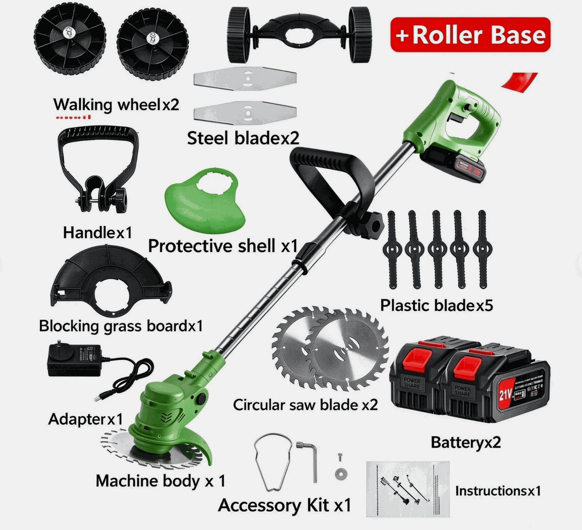 Cordless Grass Trimmer | Cordless Lawn Mover kit with green and black trimmer, roller base, wheels, blades and batteries