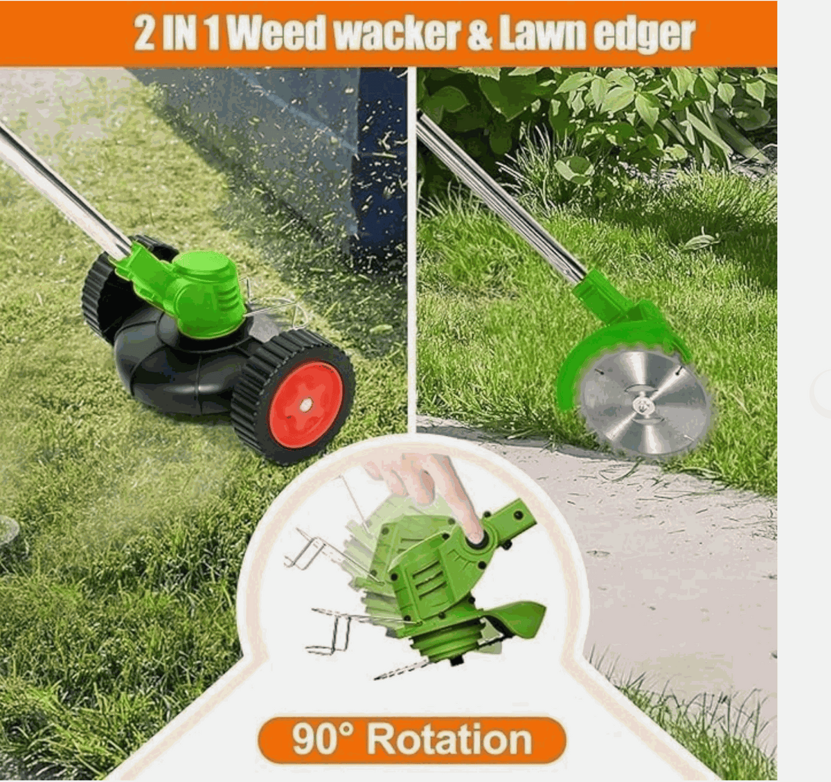 Cordless Grass Trimmer | Cordless Lawn Mover shown with green trimmer head, red wheels and metal cutting blade