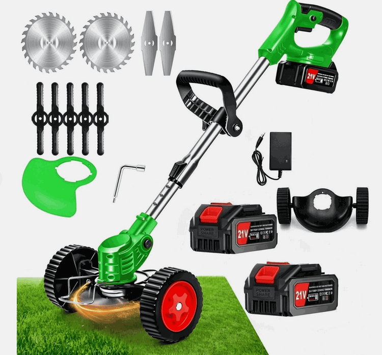 Cordless Grass Trimmer | Cordless Lawn Mover with green and black body, wheeled base, interchangeable blades and batteries