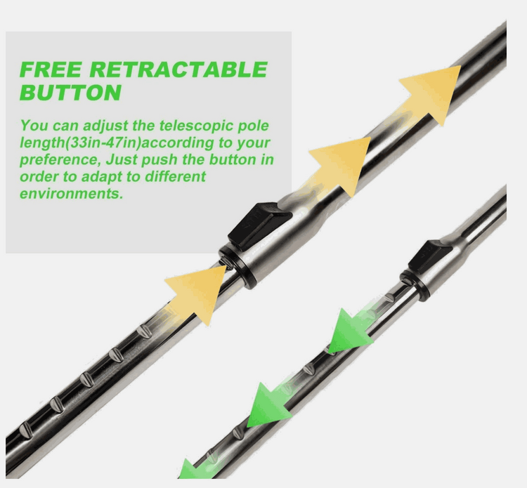 Cordless Grass Trimmer | Cordless Lawn Mover with a silver telescopic metal pole and black retractable adjustment button