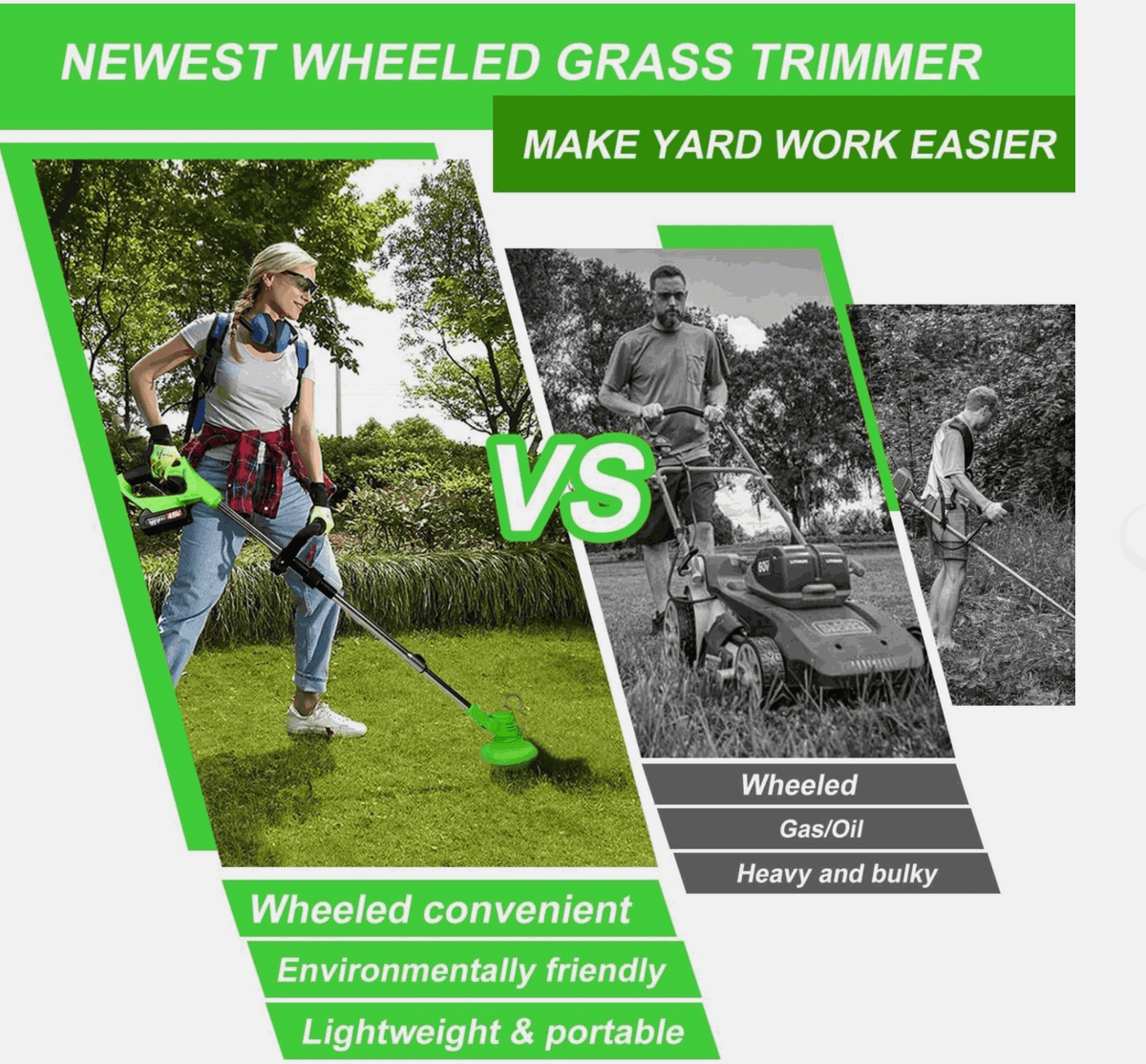 Cordless Grass Trimmer | Cordless Lawn Mover shown with wheels in a green comparison graphic beside bulky gas-powered mowers